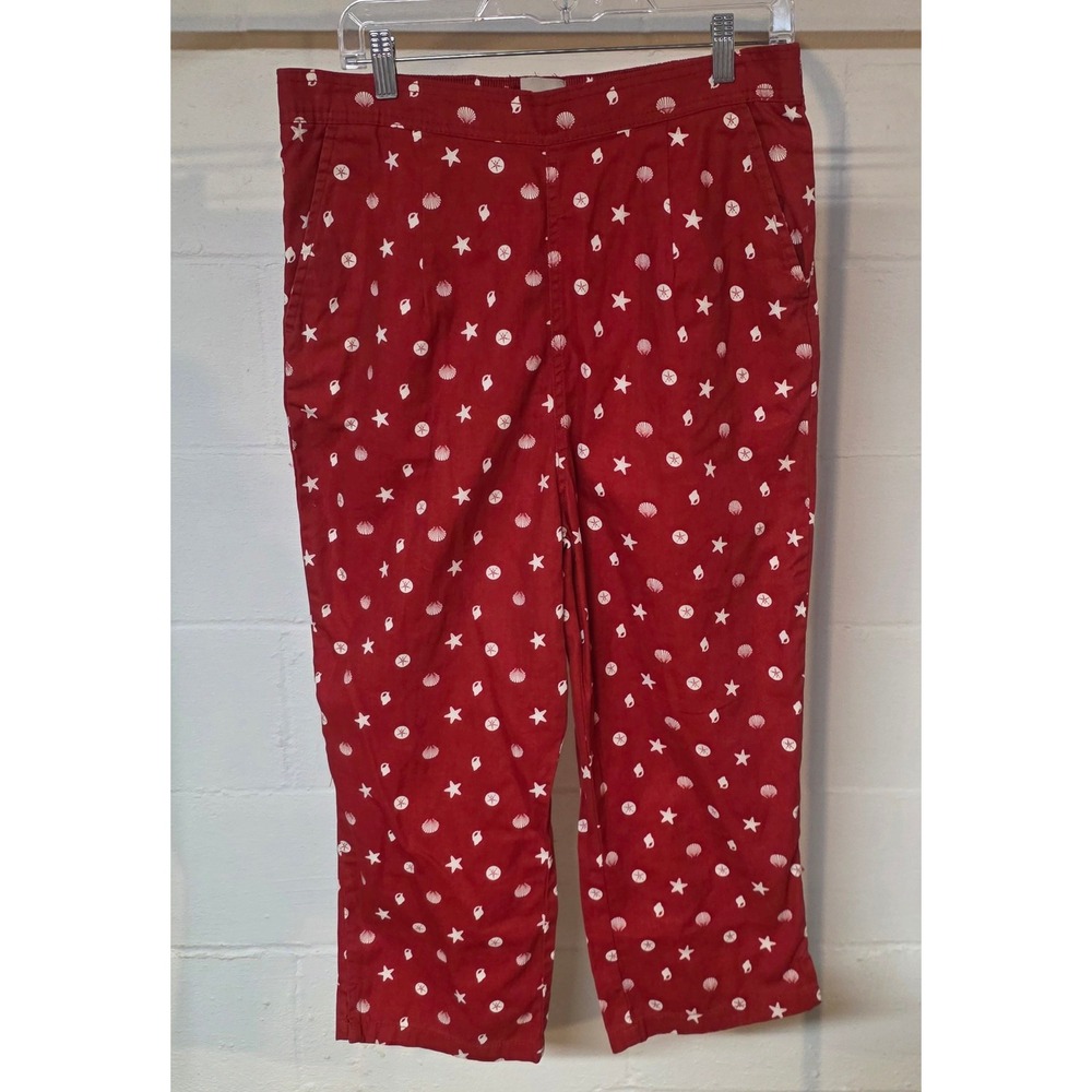 Easy Essentials Red Seashell Starfish Cropped Capri‎ Pants Elastic Beach Women L